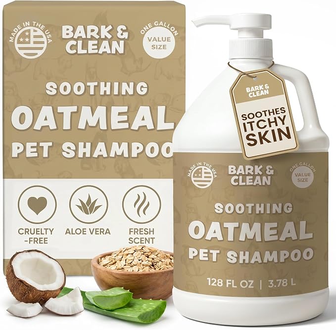 Oatmeal Dog Shampoo for Itchy Dry Skin, 1 Gallon with Pump - Hypoallergenic Anti-Itch Allergy & Sensitive Relief, Smelly Dogs, Aloe Vera Coconut Oil, Sulfate and Paraben Free, Made in USA Bark & Clean