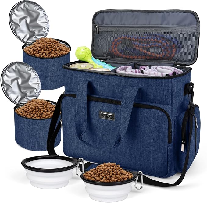 BAGLHER Dog Travel Bag, Pet Travel Bag (ALL Pet Travel Supplies), With 2 Pet Food Containers and 2 Collapsible Silicone Bowls; Essential Kits for Pet Travel Dark Blue