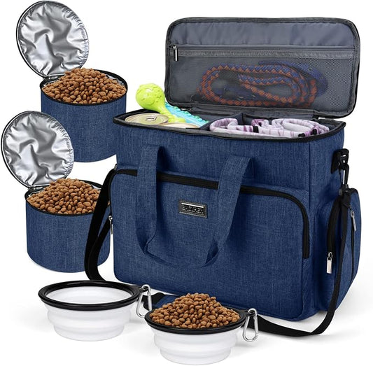 BAGLHER Dog Travel Bag, Pet Travel Bag (ALL Pet Travel Supplies), With 2 Pet Food Containers and 2 Collapsible Silicone Bowls; Essential Kits for Pet Travel Dark Blue