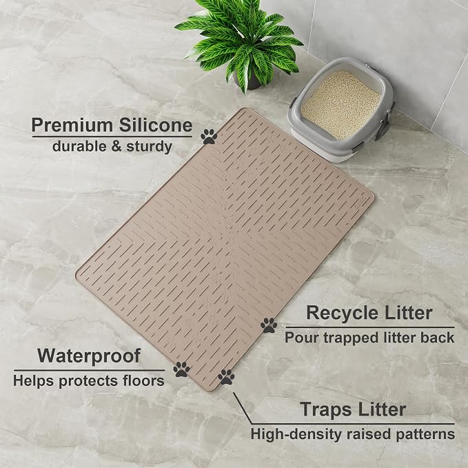 OHMO XL Cat Litter Mat, 37.5x25.2 Silicone Trapping Mat Beige | for Kitty Litter Box, Easy Clean, BPA Free Rubber, Center Litter Collection, Easy Pour-Back, Waterproof, Odor-Resistant