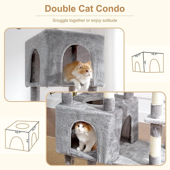 Heybly Cat Tree, 76-Inch Tall Heavy Duty Cat Tower for Big Cats HCT039W | Multi-Level Large Cat Furniture with Extra Wide Baseboard, 2 Condos & 2 Hammocks, 10 Scratching Posts, Light Gray