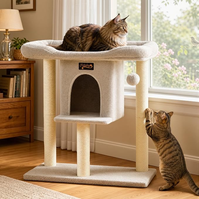 Cat Tree Tower Scratching Post for Indoor Large Adult Cats with Perch Bed | 28in Tall Small Cat Trees House with Big Perch, Condo, Toy Balls, Modern Kitten Climbing Furniture Platform, Light Gray