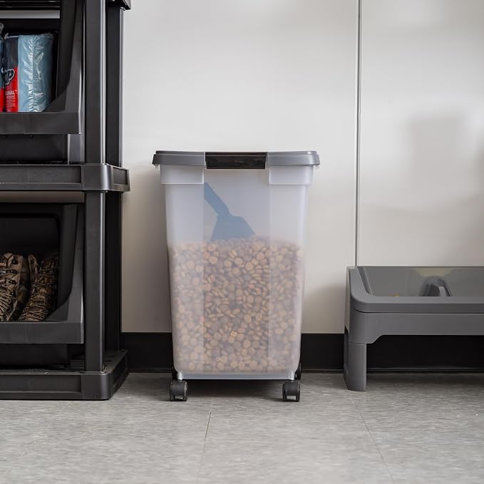 IRIS USA Dog Food Storage Container 50 lbs, with Removable Rolling Wheels & Included Scoop, for Dog Cat Bird and Other Pets, Food Storage Bin, Keep Fresh, Made in USA, Clear/Dark Gray