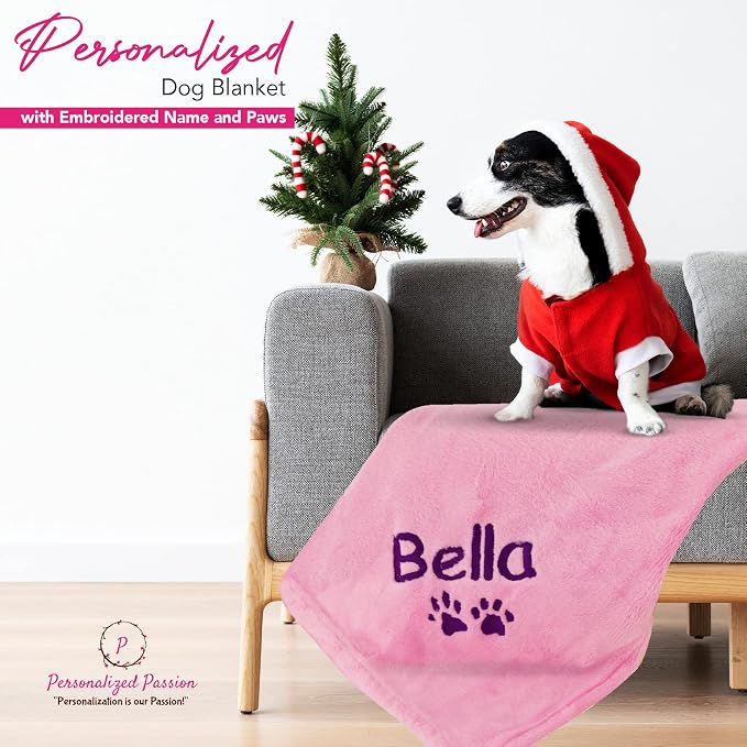 Personalized Passion Dog Blanket with Embroidered Name and Paws - Soft, Comfortable and Cozy for Couch, Bed, Car - Water Resistant Pet Fleece Blanket for Dogs and Cats - Pink - 28x40 Inches