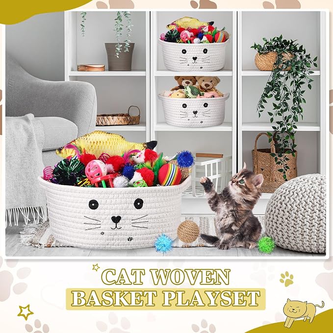 Zopeal 58 Pcs Summer Cat Storage Basket Gift Toys Set, Colorful Flashing Balls Pet Bell Crinkle Balls Spring Toys Attract Cat to Swat, Hunt, Interactive for Pet(White,9.8 Inch)