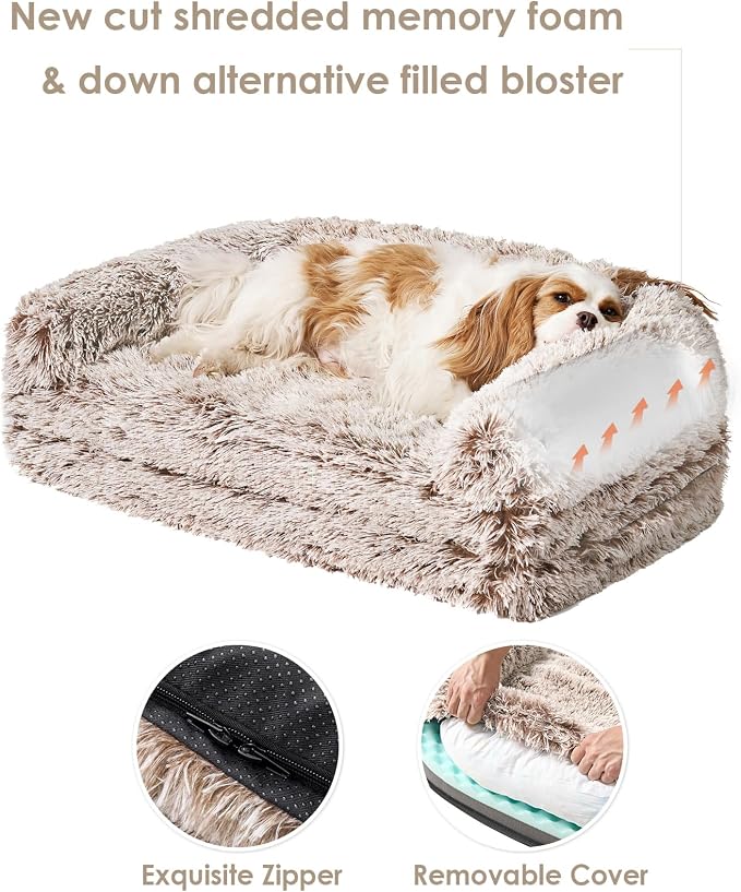 EHEYCIGA Foldable XXL Dog Bed for Large Sized Dog, 54"x38"x7.5" Faux Fur Fluffy Pet Couch Bed, Orthopedic Calming Memory Foam Big Pet Bed, Washable Pet Sofa Bed with Non-Slip Bottom, Faded Brown