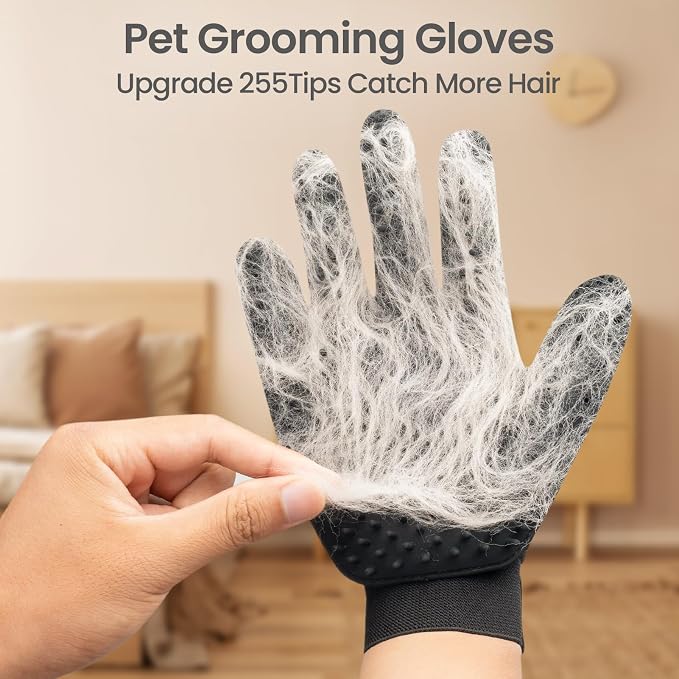 Pet Hair Removal Glove with 255 Silicone Tips for Dogs & Cats, Right Black | 2-in-1 Deshedding & Massage Mitt, 5-Finger Flexible Design, for Bathing & Grooming, Safe for Long/Short/Curly Hair Pets