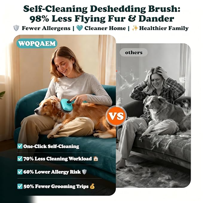 Self Cleaning Slicker Brush for Dog and Cat Shedding | Skin Friendly Deshedding Brush for Short or Long Haired Dogs & Cats, One-Click Retractable for Easy Cleaning Flying Hair