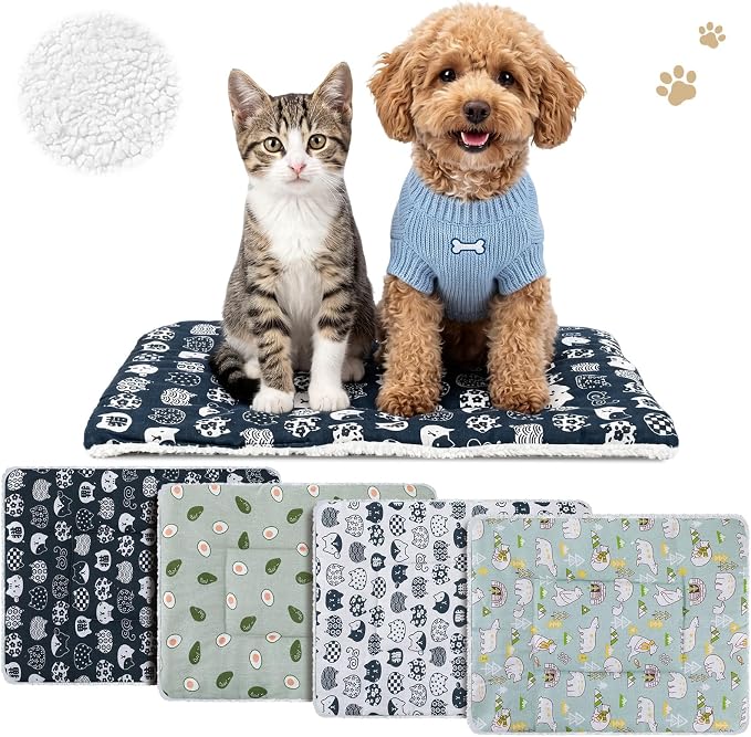 4 Pack Reversible Dog Bed Mat Washable Dog Crate Pad with Linen Cooling Side & Soft Sherpa Fleece Side, All Season Pet Kennel Mat for Small Dogs Crate Kennel Home Use 23 x 17 inch