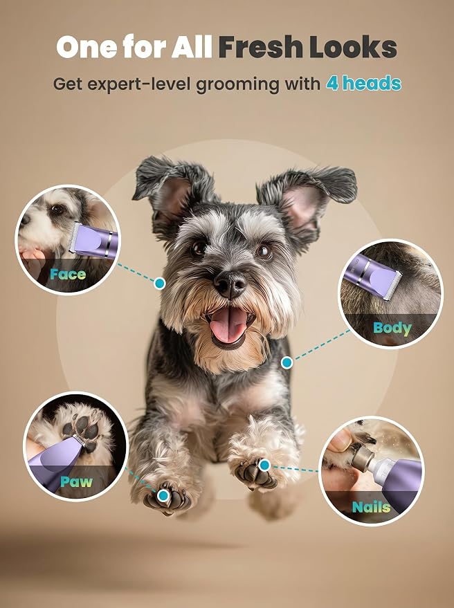 oneisall 4 in 1 Dog Grooming Kit with LCD Display Purple | Paw Hair Trimmer & Nail Grinder, Rechargeable, Cordless, Low Noise, IPX7 Waterproof, 3 Speeds Pet Grooming Clippers