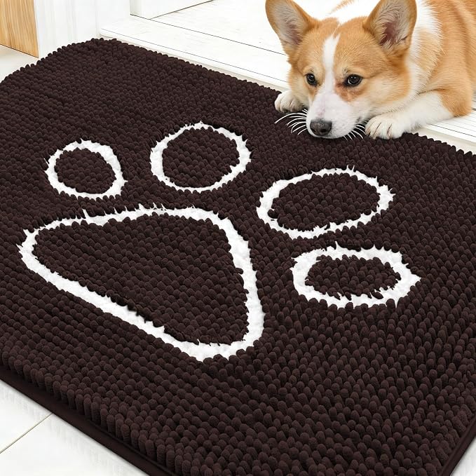 OLANLY Dog Door Mat for Muddy Paws 30x20, Paw Print Design Chenille Mud Mat | Brown, Absorbent, Traps Moisture and Dirt, Non-Slip Washable Doormat, Quick-Drying Indoor Entryway Floor Carpet for Dogs
