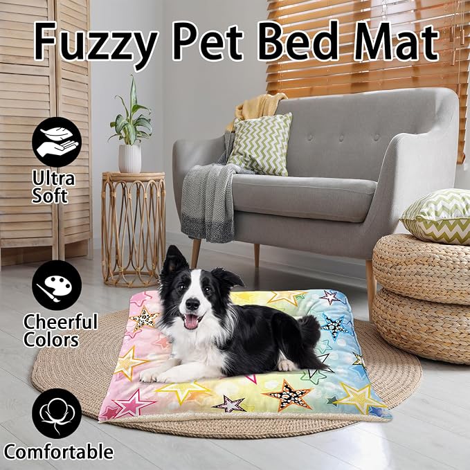 HOSIMA Star Pattern Pet Bed Mat,Fuzzy Washable Pet Crate Pad,Soft Cozy Dog Sleeping Mat,Plush Pad Suitable for Large Fluffy Dog Bed,42L*32W Inch,Colorful.