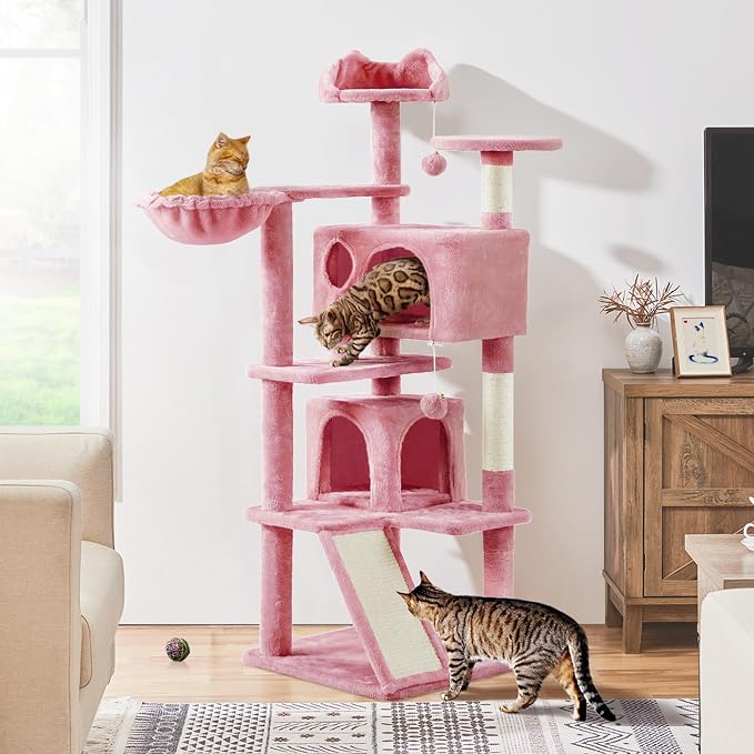 Topeakmart 57 inches Multi-Level Cat Tree Cat Condo with Scratching Posts Kittens Activity Tower Pet Play House Furniture, Pink | Easy to assemble, a great first cat tree with perches, hammock and anti-tip strap, ideal for small to medium cats, pink