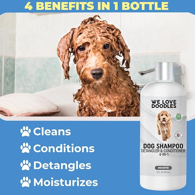 Dog Shampoo Conditioner & Detangler, Hypoallergenic Tearless Unscented 16OZ | For Sensitive Itchy Skin, Best Shampoo For Smelly Dogs, Goldendoodle, Poodle & Doodle, Puppy Pet Wash Soap, USA Made, 4-in-1