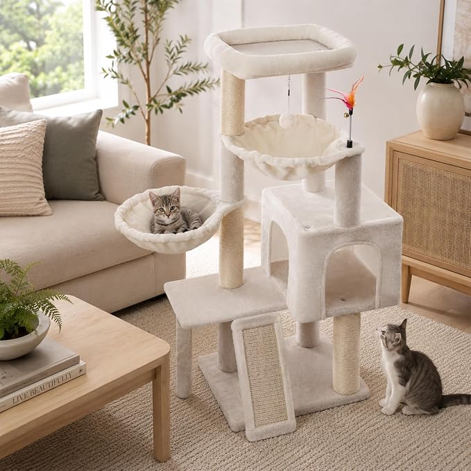Cat Tree with Cat Condo and Two Hammocks, Cat Tree with Scratching Posts and Scratching Pads, Cat Tower for Indoor Cats, Activity Centre Climbing Tree with Playful Toy Balls, Beige
