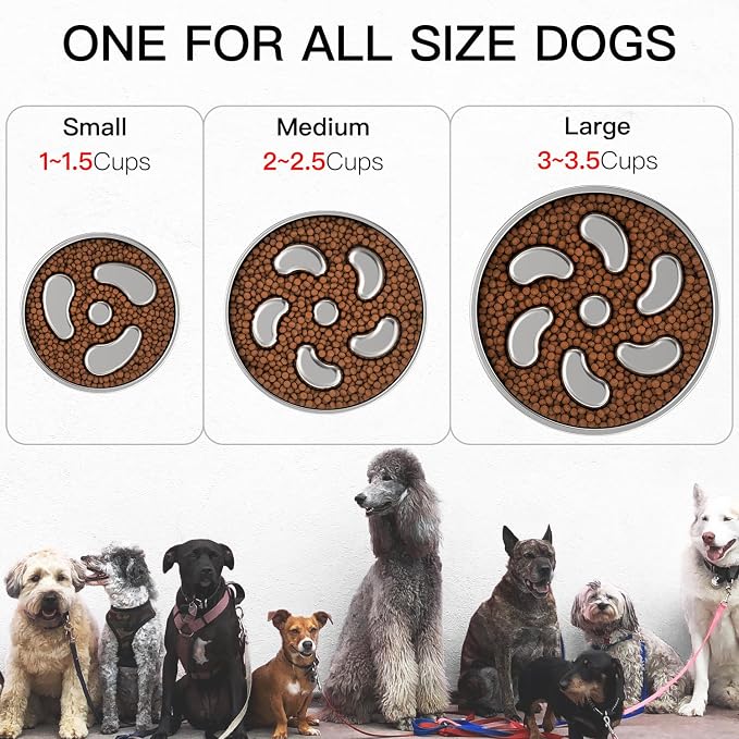 Slow Feeder Dog Bowl-2Cups for Medium Breeds, Double Wall Food-Grade Stainless Steel, Heavy Duty with Non-Slip Rubber Base, Puzzle Maze Bowl to Slow Down Eating