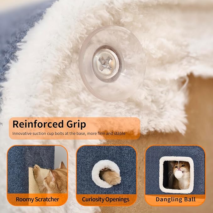 Cat House, Cat Beds for Indoor Cats, 2-Story Cat Condo Cube | Cat Bed Cave with Scratch Pad and Fluffy Ball Hanging, Multi-Level Cozy Hideout Center Ideal for Small/Medium Cats
