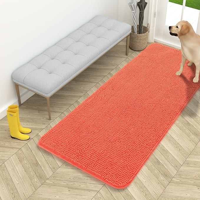 OLANLY Dog Door Mat for Muddy Paws 54x24, Super Absorbent Chenille Mud Mat | Coral, Absorbs Moisture and Dirt, Non-Slip Machine Washable Doormat, Quick-Drying Indoor Entryway Floor Carpet for Dogs