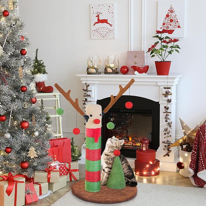 BOLUO Christmas Cat Scratching Post Deer Cat Trees for Adult Cats Scratcher Cute Toy Kitten Kitty Sisal Scratch with Teaser Ball Indoor 25 inch