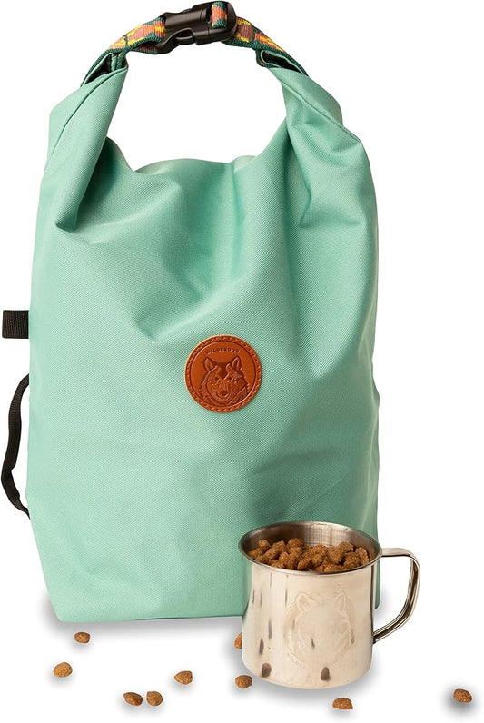 Wilderdog Doggie Bag - Water Resistant, Portable Kibble Carrier & Stainless Steel Mug - Seafoam