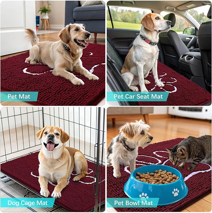 OLANLY Dog Door Mat for Muddy Paws 24x16, Paw Print Design Chenille Mud Mat | Burgundy, Absorbent, Traps Moisture and Dirt, Non-Slip Washable Doormat, Quick-Drying Indoor Entryway Floor Carpet for Dogs