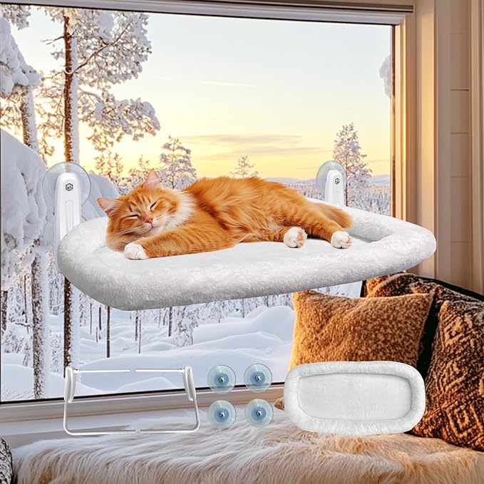 L&W BROS. Cat Window Perch Cushion Bed Hammock with 4 Updated Suction Cups Easy to Assemble Cat Window Bed for Heavy Large Cats (M 1Pc)