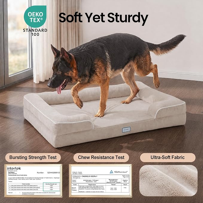 OhGeni Orthopedic Dog Bed Couch Big Cat Sofa for Extra Large Sized Pets with Memory Foam, Machine-Washable Waterproof Removable Cover, Soft Comfortable Fabric, 44-inch (Beige)