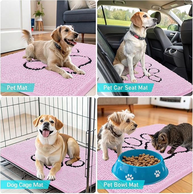 OLANLY Dog Door Mat for Muddy Paws 30x20, Paw Print Design Chenille Mud Mat | Pink, Super Absorbent, Traps Moisture and Dirt, Non-Slip Washable Doormat, Quick-Drying Indoor Entryway Floor Carpet for Dogs