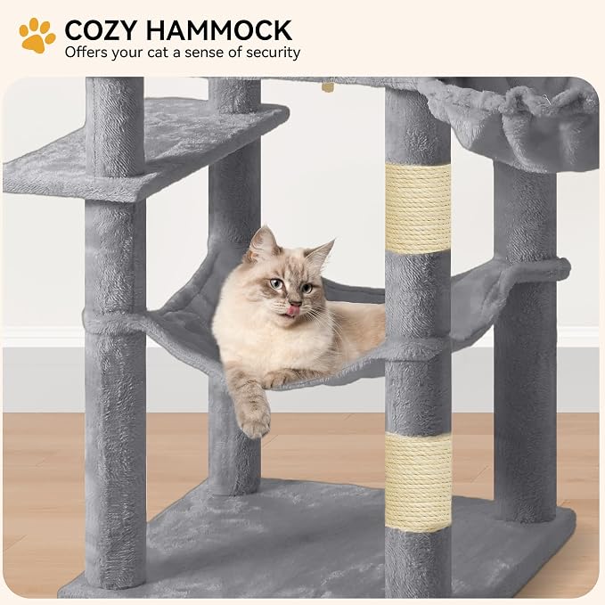 YITAHOME 64.5" Cat Tree, Multi-Level Cat House, Large Cat Condo Furniture with Perch Hammock, Scratching Posts and Dangling Balls for Kittens, Cats and Pets, Light Gray