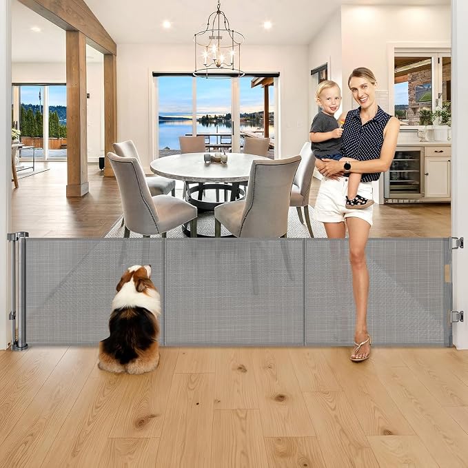 28 Inch Tall Retractable Baby Gates, 80" Wide Reinforced Retractable Dog Gate with Support Rods, Walk Through Pet Gate, Short Dog Gate Retractable Pet Gate, Mesh Baby Gate for Stairs, Doorways, Gray