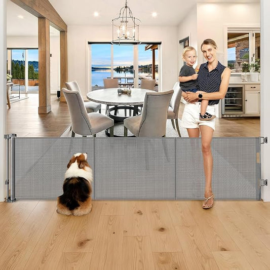 28 Inch Tall Retractable Baby Gates, 80" Wide Reinforced Retractable Dog Gate with Support Rods, Walk Through Pet Gate, Short Dog Gate Retractable Pet Gate, Mesh Baby Gate for Stairs, Doorways, Gray