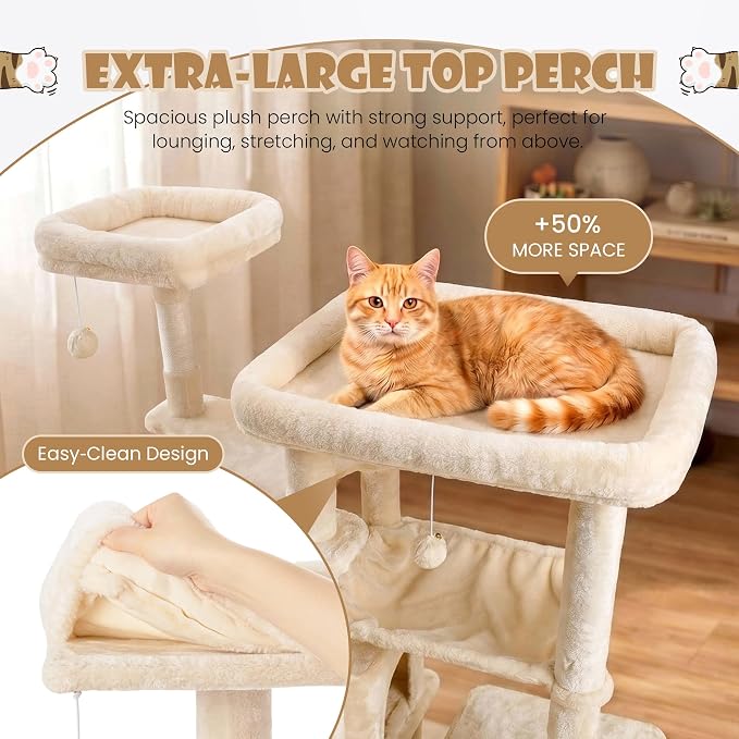 Sha Cerlin 87 in Multi-Level Tall Cat Tree Tower for Large Cats/Extra Wide Feline Activity Center/Sisal Scratching Posts/Wide Base/Cozy Plush Perches/Baskets/Hammocks/Toy Balls/Beige