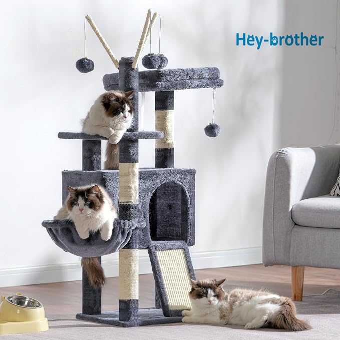 Hey-brother Cat Tree Tower with Removable Toys, Scratching Posts, MPJ008SG | 41.3 Inches Plush Cozy Condo with Platform, Hammock, Sisal Scratch Board and Ball for Indoor Cats, Smoky Gray