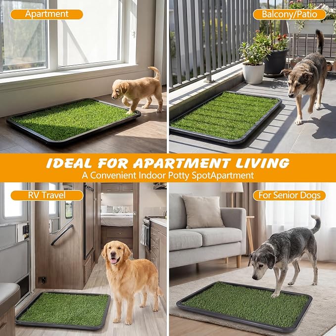 ondware Dog Grass Pad with Tray Dogs Potty Tray - 3-Layer Indoor Potty with 2 Grass Patches and 2 Washable Pee Pads for Puppies Senior Dogs Apartments Balconies RVs Patios Homes(30x20 in)