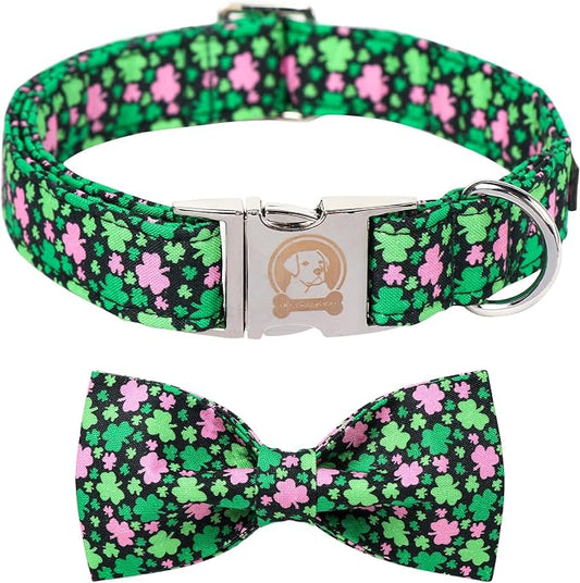 ·MR. CHUBBYFACE· St.Patrick's Pink Green Clover Dog Collar with Bowtie, Cute Clovers Shamrock Metal Buckle Dog Collar, Adjustable Shamrock Pet Collar with for Small Medium Large Dogs