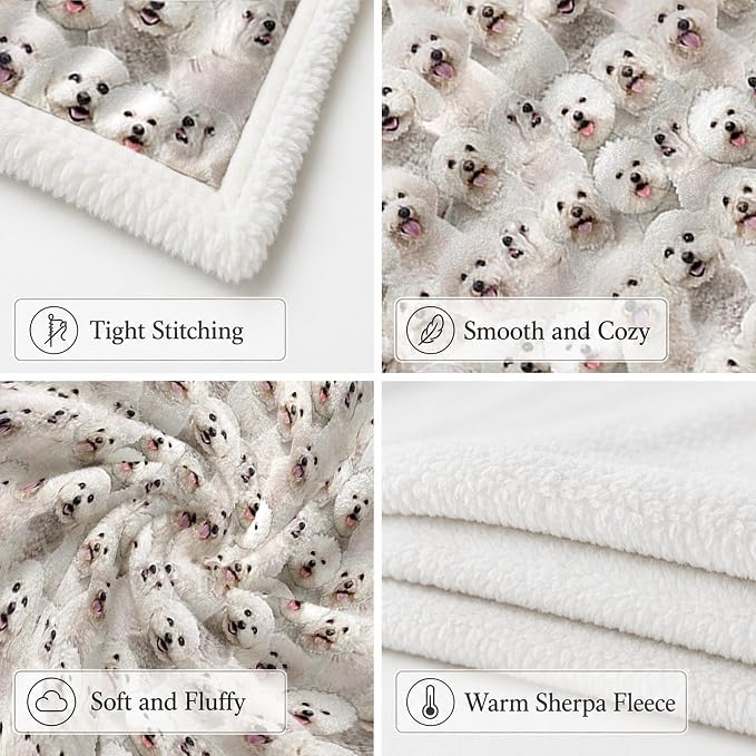 BlessLiving Bichon Frise White Throw Blanket with Dense Dog Patterns Sherpa Fleece Blanket Couch Bed, Soft Cozy Warm Pet Blankets for Puppy Lovers Cute Animal Print Gift 60x80 Inches