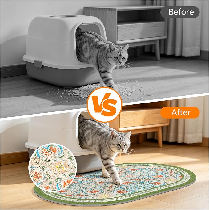 Cat Litter Mat, 24"x15" High Density PVC Litter Trapping Mat, Non-Slip, Waterproof & Urine-Proof Litters Catcher Mats, Keep Floor Clean, Soft on Kitten Paws, Cat Essentials Bean Green