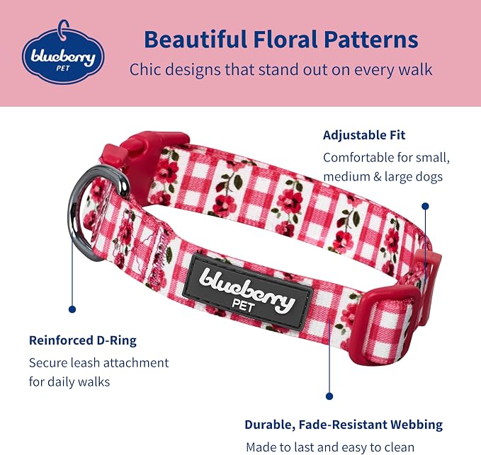 Blueberry Pet Spring Scent Inspired Dainty Flower Dog Collar, Pink Check, Adjustable Dog Collar for Small Dogs, Size Small, Neck 12-16"