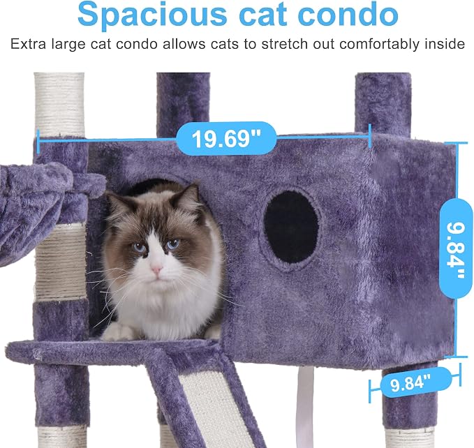 Hey-brother Cat Tree Tower with Padded Platform Bed, Toy Balls, MPJ019G | 61 Inches Cat House with Large Cozy Condo, Plush Hammocks and Sisal Scratching Posts for Indoor Multi-Cats, Smoky Gray