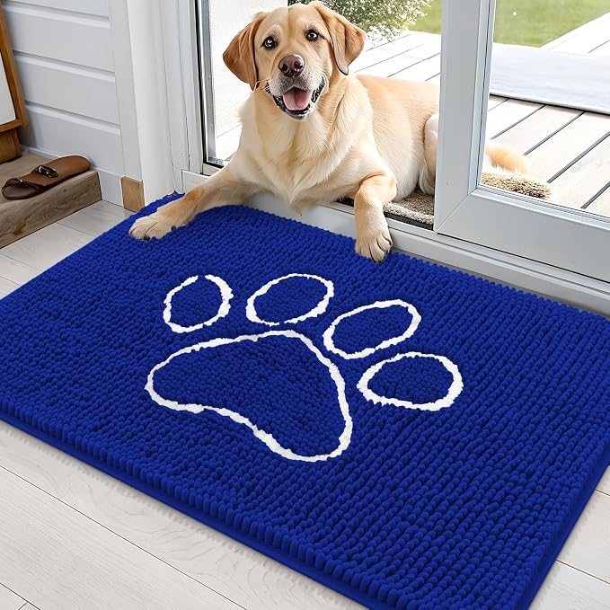 OLANLY Dog Door Mat for Muddy Paws 36x24, Paw Print Design Chenille Mud Mat | Royal Blue, Absorbent, Traps Moisture and Dirt, Non-Slip Washable Doormat, Quick-Drying Indoor Entryway Floor Carpet for Dogs