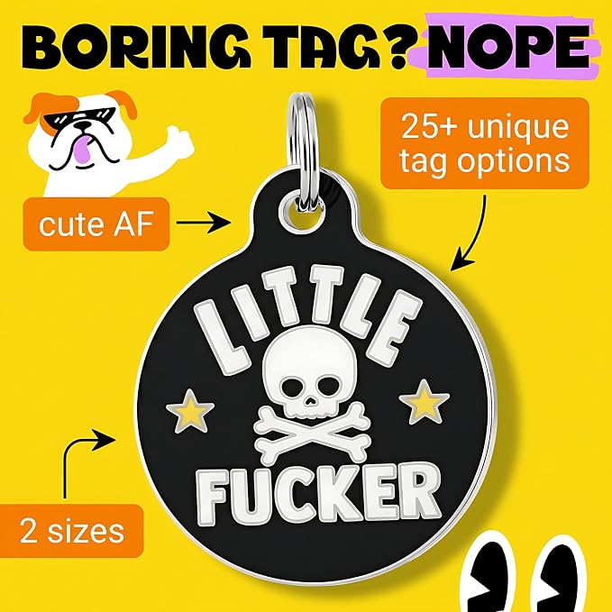 Bad Tags Personalized Dog and Cat ID Tags in 25+ Designs and 2 Sizes - 5 Lines of Custom Engraved Text - Funny Cute Personalized Pet Tags (Little F*cker, Large (1.25 inch))