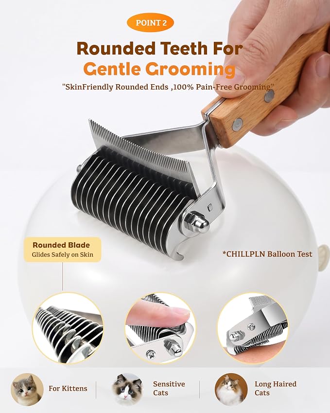 2-in-1 Deshedding & Dematting Brush for Long Haired Cats | Double-Sided Undercoat Rake for Shedding, Efficiently Removes Loose Hair & Tangles, Safe Detangler for Matted Fur