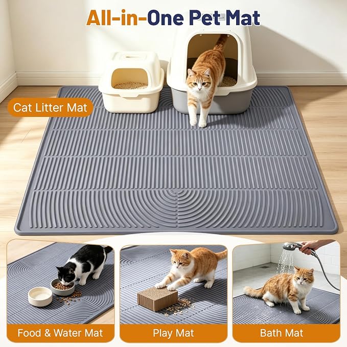 Cat Litter Mat, XL 46x35in Waterproof Silicone Litter Box Mat, Grey | XXL Cat Mat Fits 2-4 Litter Boxes, Litter Trapping Mat with Raised Edges & Textured Surface, Non-Slip Bottom, Easy Clean