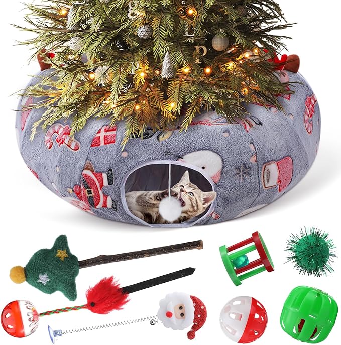 Dansydaisy 9 Pcs Cat Tunnel Under Christmas Tree, 3ft Cat Donut Tunnel with Plush Cushion and 8 Toys Cozy Washable Cave for Kittens Small Medium Pets Rabbits Gifts for Christmas