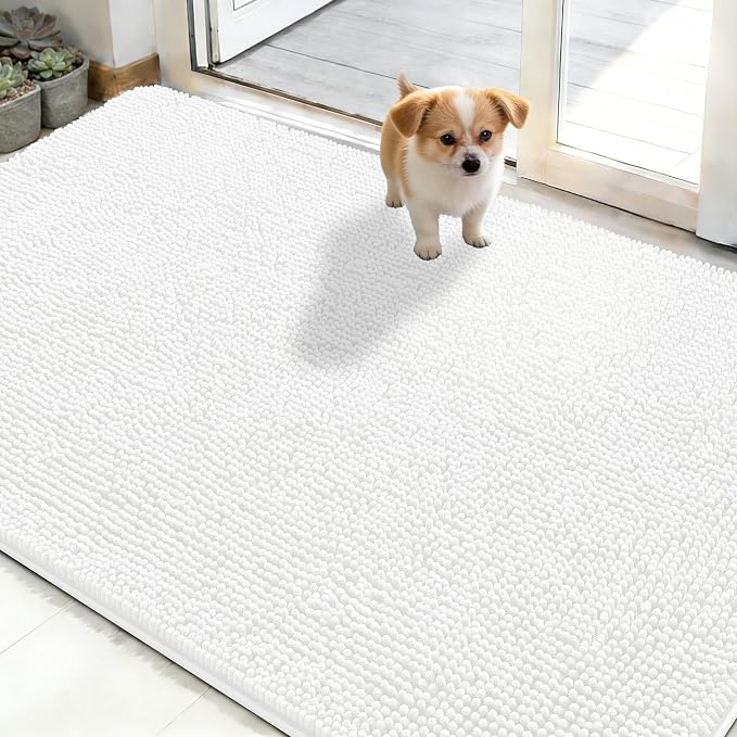 OLANLY Dog Door Mat for Muddy Paws 48x30, Super Absorbent Chenille Mud Mat | White, Absorbs Moisture and Dirt, Non-Slip Machine Washable Doormat, Quick-Drying Indoor Entryway Floor Carpet for Dogs