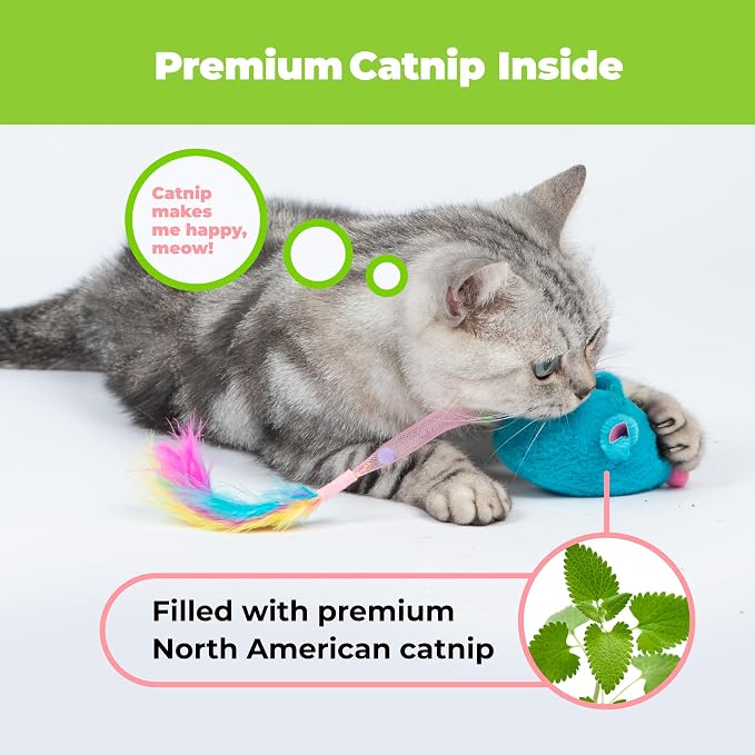 Catify Best Pet Supplies Interactive Squeak Mice – Tap-Activated Realistic Mouse Cat Toy Catnip-Infused, Elastic Mesh & Feathered Tail With Realistic Squeaks For Indoor Cats & Kittens - Blue & Fuchsia