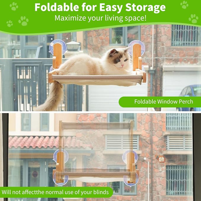 Cat Window Perch, Foldable Cat Hammock with Breathable Mesh Cover | Solid pine frame, four suction cups and removable washable mesh cover; no-drill setup, 20.47 x 14.96 in resting area.