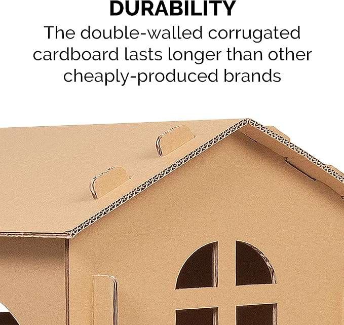 FurHaven Townhouse Multi-Level Cardboard Cat House for Indoor Cats with Catnip & Toys, Double-Walled Corrugated Scratcher Designed for Lounging, Play & Comfort, One Size, Cardboard, Brown