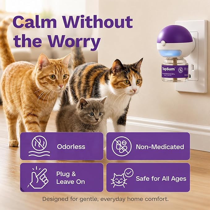 TopSum Cat Calming Pheromone Diffuser: Feline Pheromones Plug in for Stress, Alone At Home, Spraying, Fighting, Scratching, Aggression & Excessive Meowing (Purple, 3 Diffusers+4.8 Fl Oz)