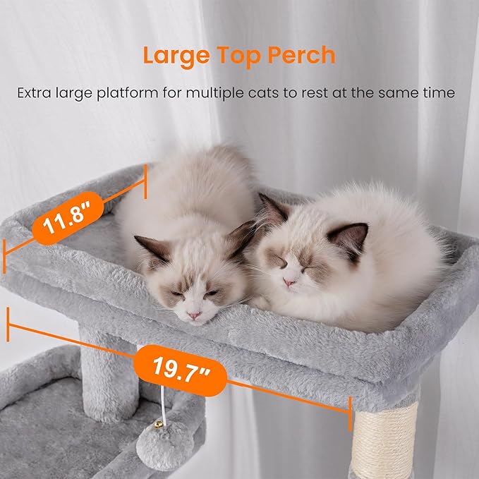 Heybly Cat Tree, 68 inch Multi-Level Cat Tower for Indoor Cats HCT025W | Cat Condo with 2 Widened Plush Perches, 2 Cozy Baskets, Scratching Board and Big Caves, Light Gray